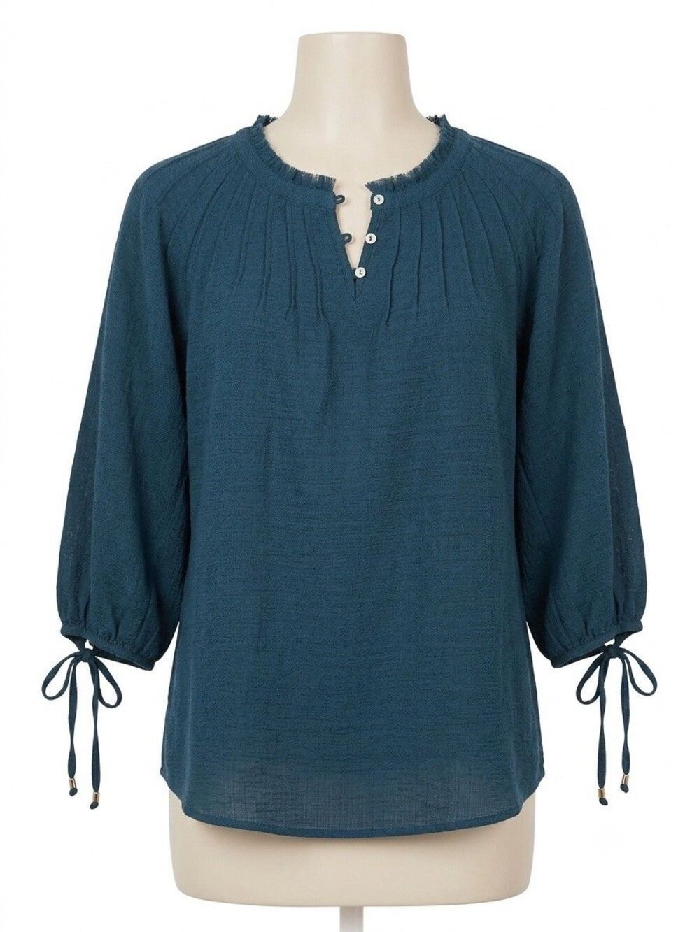 LC Lauren Conrad Teal Ruffle Neck Pin-Tucked Top Cottagecore Boho